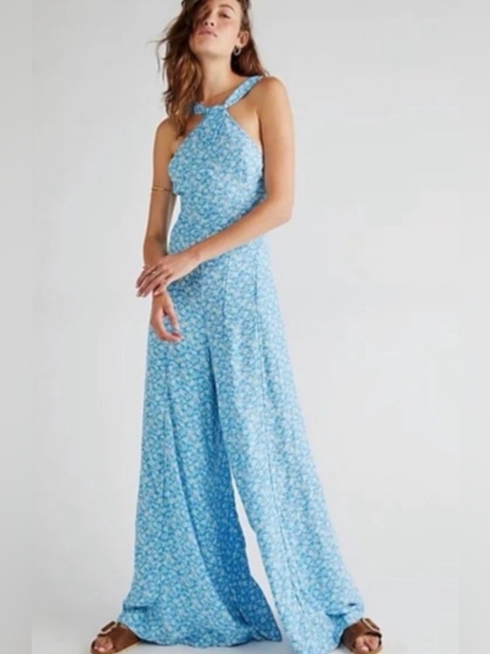 Free People Arlo Light Blue Floral Wide-Leg Jumpsuit‎ Size Large